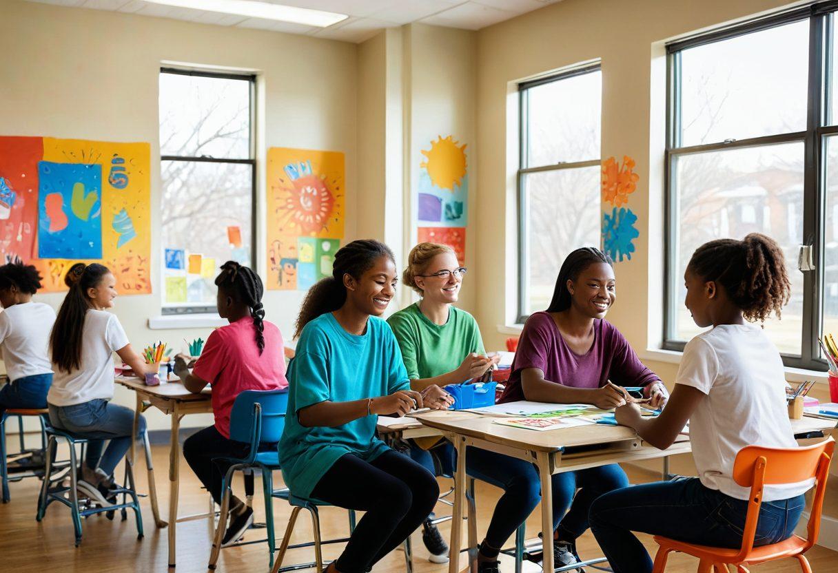 A vibrant classroom scene filled with diverse smiling students engaged in creative activities like painting, group discussions, and interactive games. The walls are adorned with colorful artwork and motivational quotes, while a bright sunlight filters through large windows. Emphasize a sense of joy, collaboration, and innovation in overcoming sadness. super-realistic. vibrant colors. bright atmosphere.