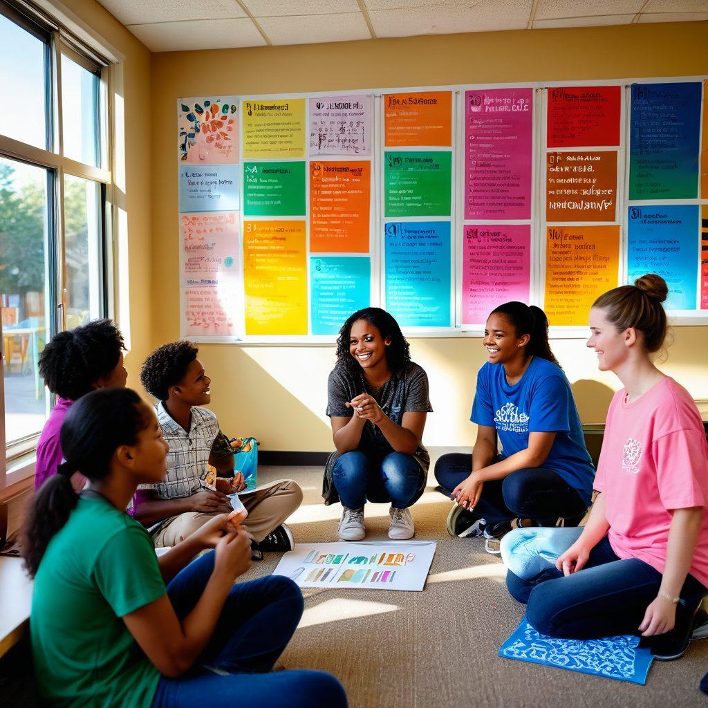 A warm and inviting classroom scene featuring a diverse group of students engaging in collaborative activities, with a teacher providing emotional support. The walls adorned with colorful posters that promote positivity and mental health awareness. Soft natural light filtering through the windows, creating a serene and hopeful atmosphere. Emphasize expressions of empathy and encouragement among students. vibrant colors. super-realistic.